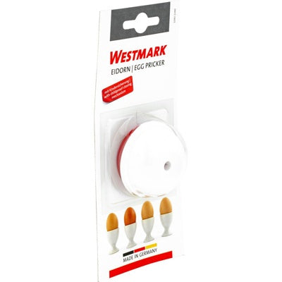 Westmark Eierprikker, lijntekening met gebruiksinstructie open en dicht draaien
