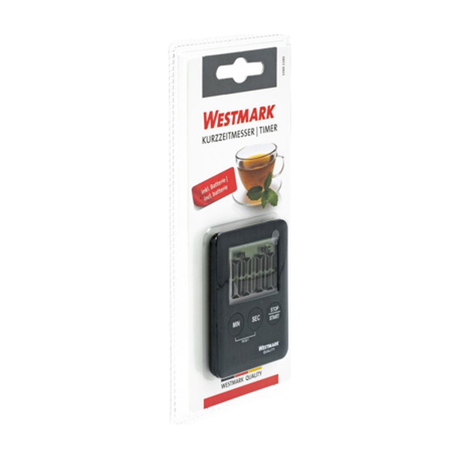 Westmark Compact Kookwekker, zwart, verpakking op blisterkaart met afbeelding van een kopje thee