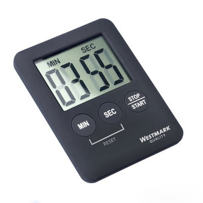 Westmark Compact Kookwekker, zwart, rechte vooraanzicht met display dat '03:59' toont en MIN/SEC/STOP-START-knoppen
