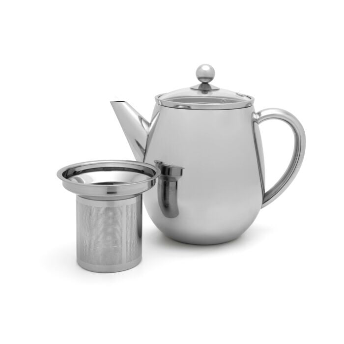 Bredemeijer Duet Eva theepot glanzend RVS met het uitneembare filter los ernaast
