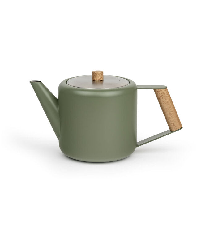 Bredemeijer Duet Design Boston theepot mat legergroen zijaanzicht met houten handvat en schenktuit