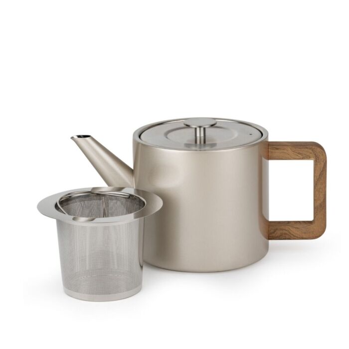 Bredemeijer Duet Design Narvik theepot met houten handvat en de uitneembare theefilter los ernaast
