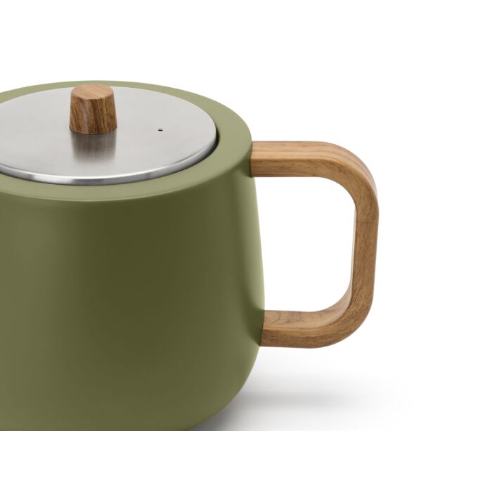 Bredemeijer Duet Design Facet theepot mat groen close-up van het deksel met houten knop en hoekig handvat