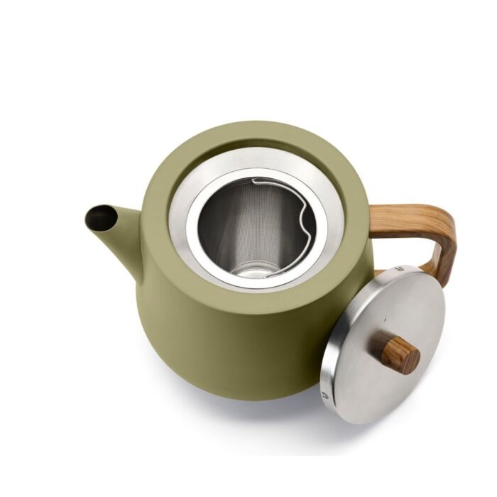 Bredemeijer Duet Design Facet theepot mat groen met losliggend deksel naast de opening en filter zichtbaar