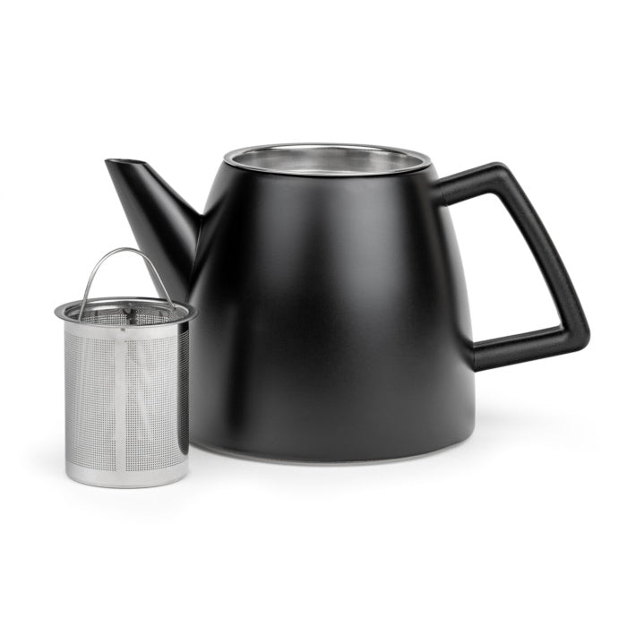 Bredemeijer Duet Odense theepot mat zwart met het uitneembare filter los ernaast