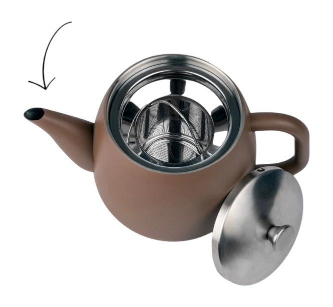 Bovenaanzicht in de geopende Duet Vera theepot met theefilter zichtbaar en het losse deksel ernaast