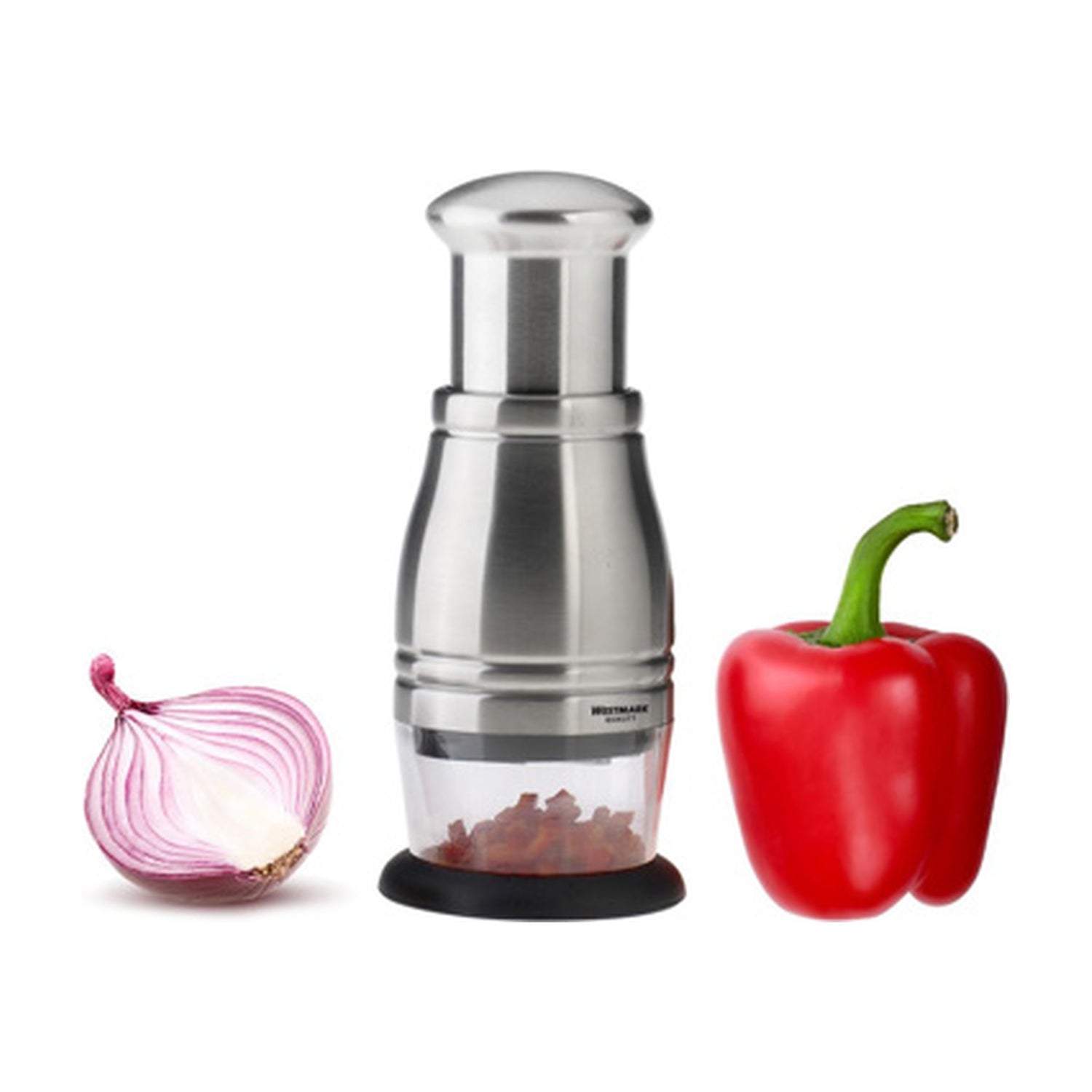 Westmark Chopper 1000, zilver, hakmolen tussen een rode paprika en gehalveerde rode ui