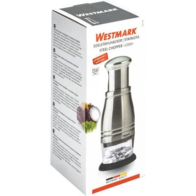 Westmark Chopper 1000, zilver, verpakkingsdoos met productfoto en Westmark-logo