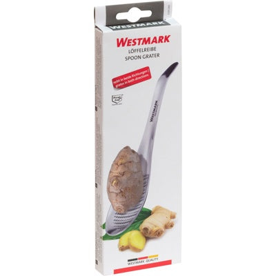 Westmark Lepelrasp, verpakking met foto van de rasp met een stuk gemberwortel
