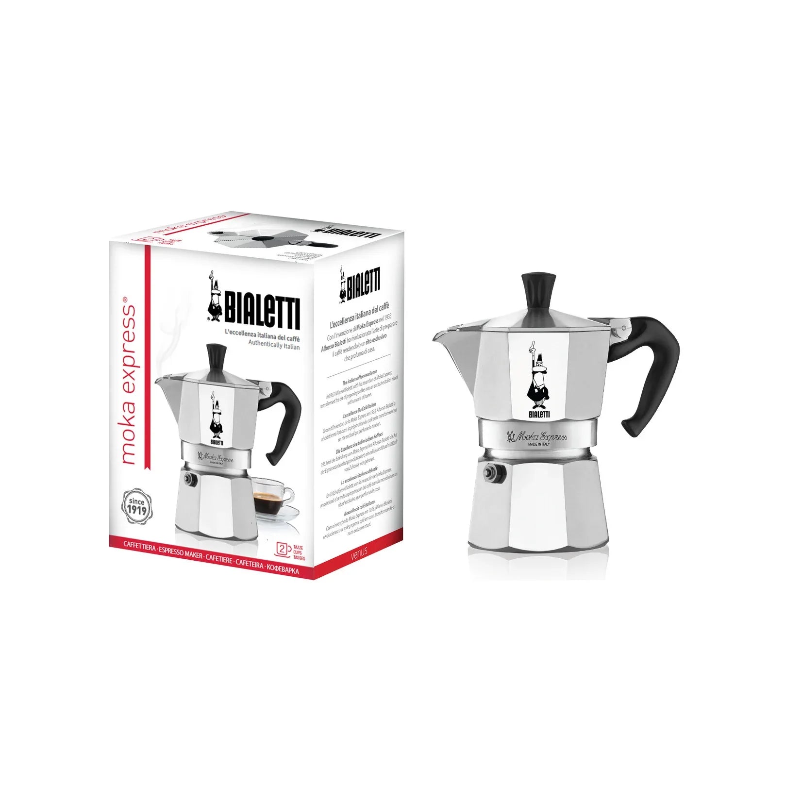 Zilveren Bialetti Moka Express percolator met de bijbehorende verpakkingsdoos ernaast.