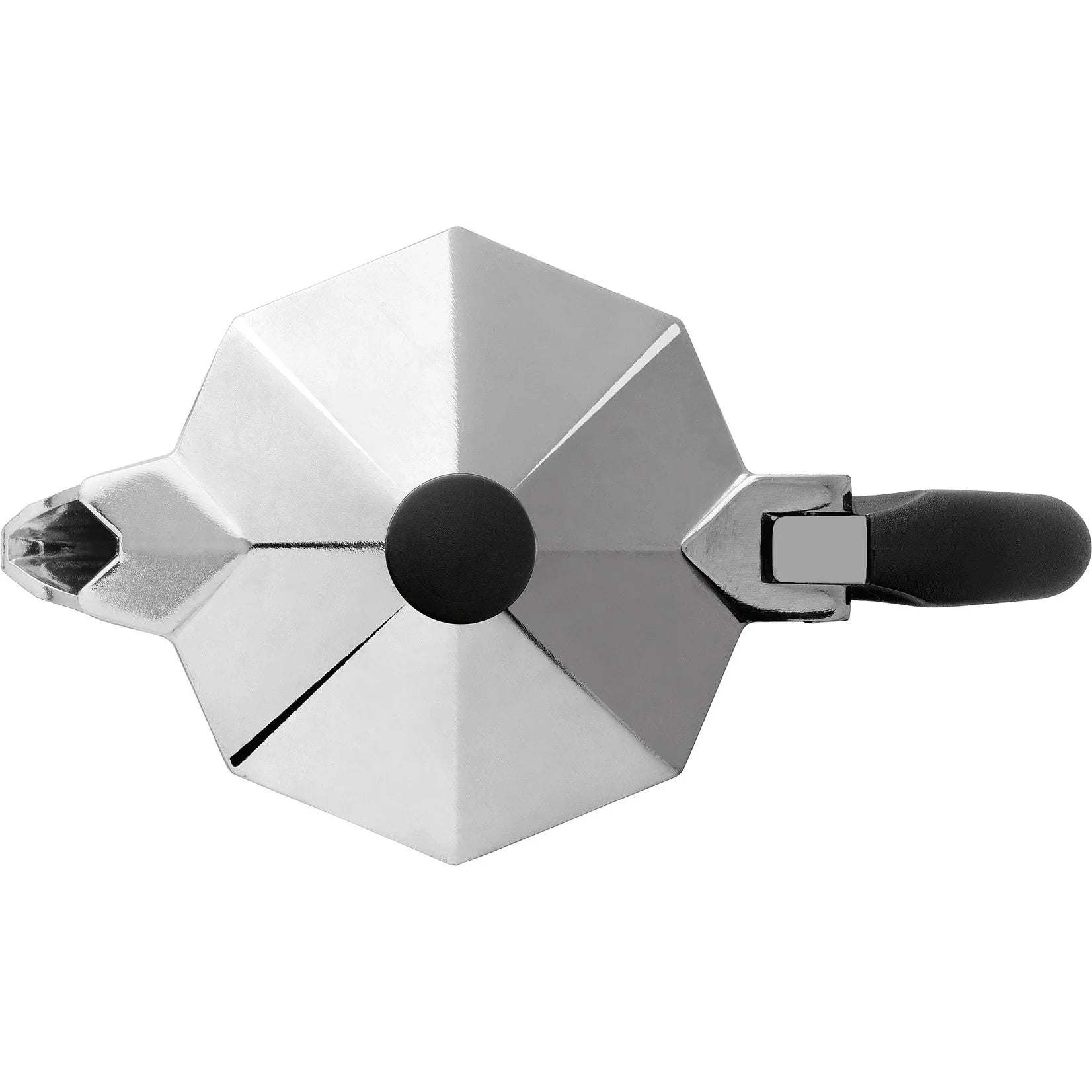Bovenaanzicht van een grote zilveren Bialetti Moka Express percolator met zwarte knop op witte achtergrond.