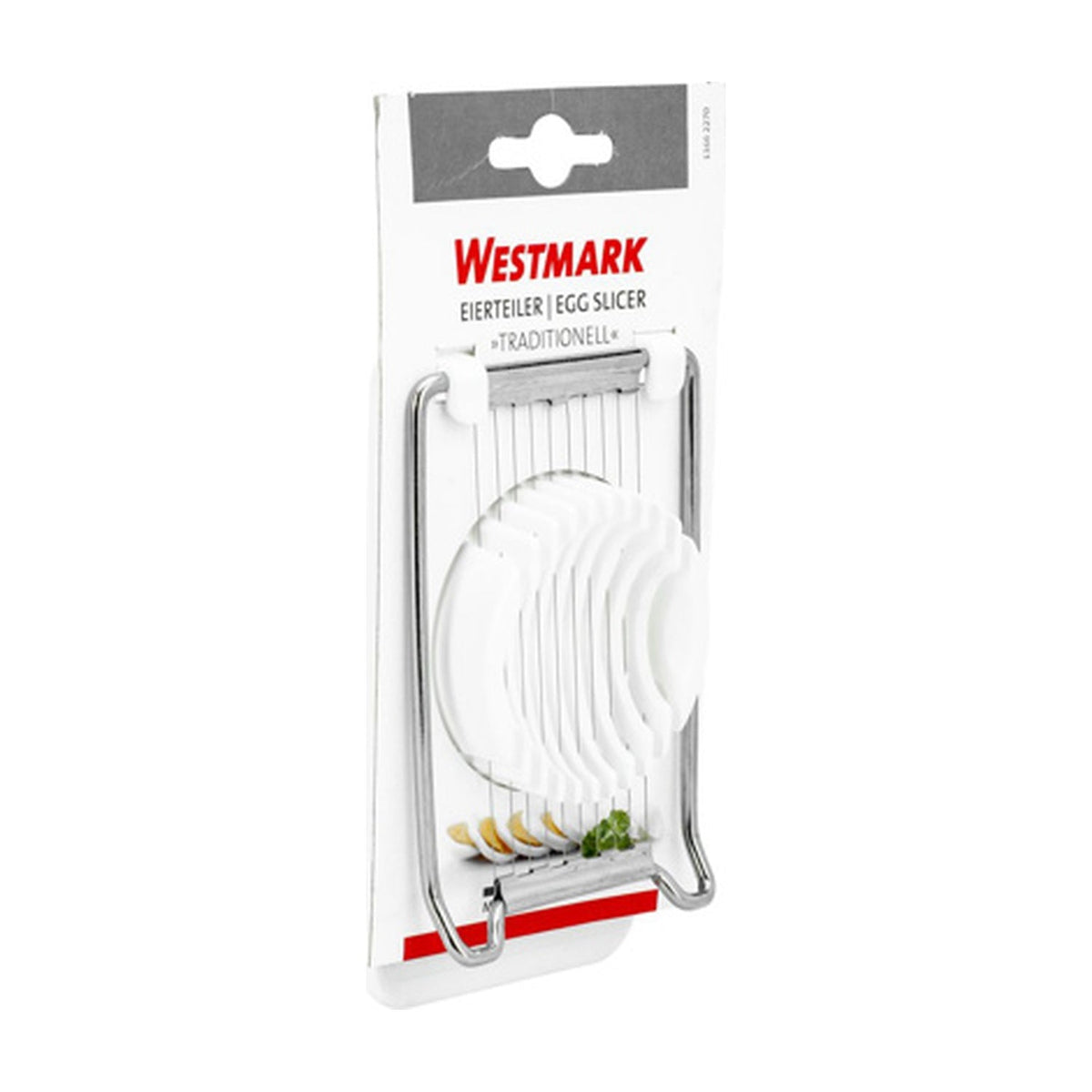 Westmark Traditionell Eiersnijder, wit, hand die een gepeld ei in de snijdraden drukt