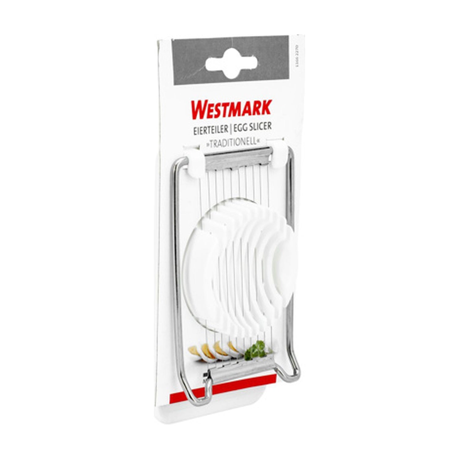 Westmark Traditionell Eiersnijder, wit, hand die een gepeld ei in de snijdraden drukt