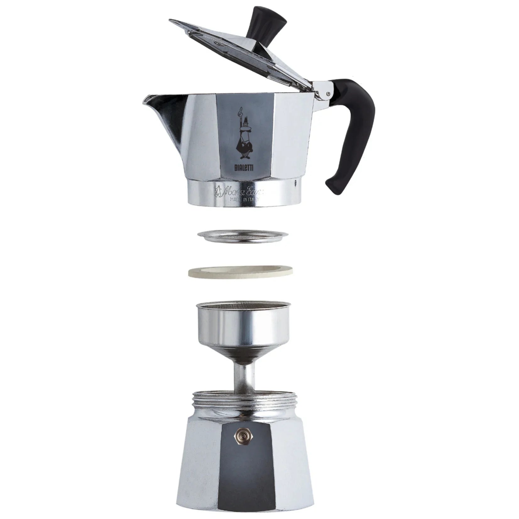 Uiteengelegde Bialetti percolator toont kan, filterplaat, ring, trechter en reservoir, witte achtergrond.