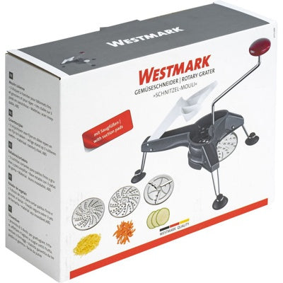 Westmark Schnitzel Mouli Trio Handrasp, zwart, verpakkingsdoos met productfoto en gebruiksinstructies
