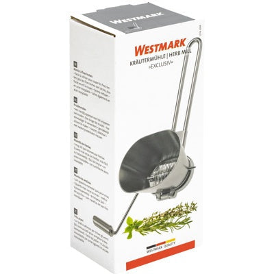 Westmark Kruidenmolen, RVS, verpakkingsdoos met productfoto en een bosje verse kruiden