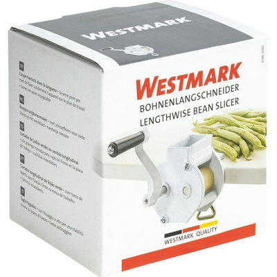 Westmark Bonensnijder Lengtewijs, wit, verpakking op doos met productfoto en meertalige tekst