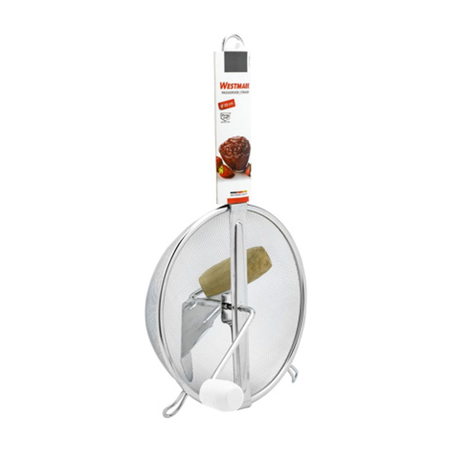 Westmark Standard Passeerzeef, zilver, RVS zeef met houten stamper en productkaart op witte achtergrond