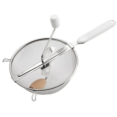 Westmark Standard Passeerzeef, zilver, liggend aanzicht met houten stamper en wit handvat