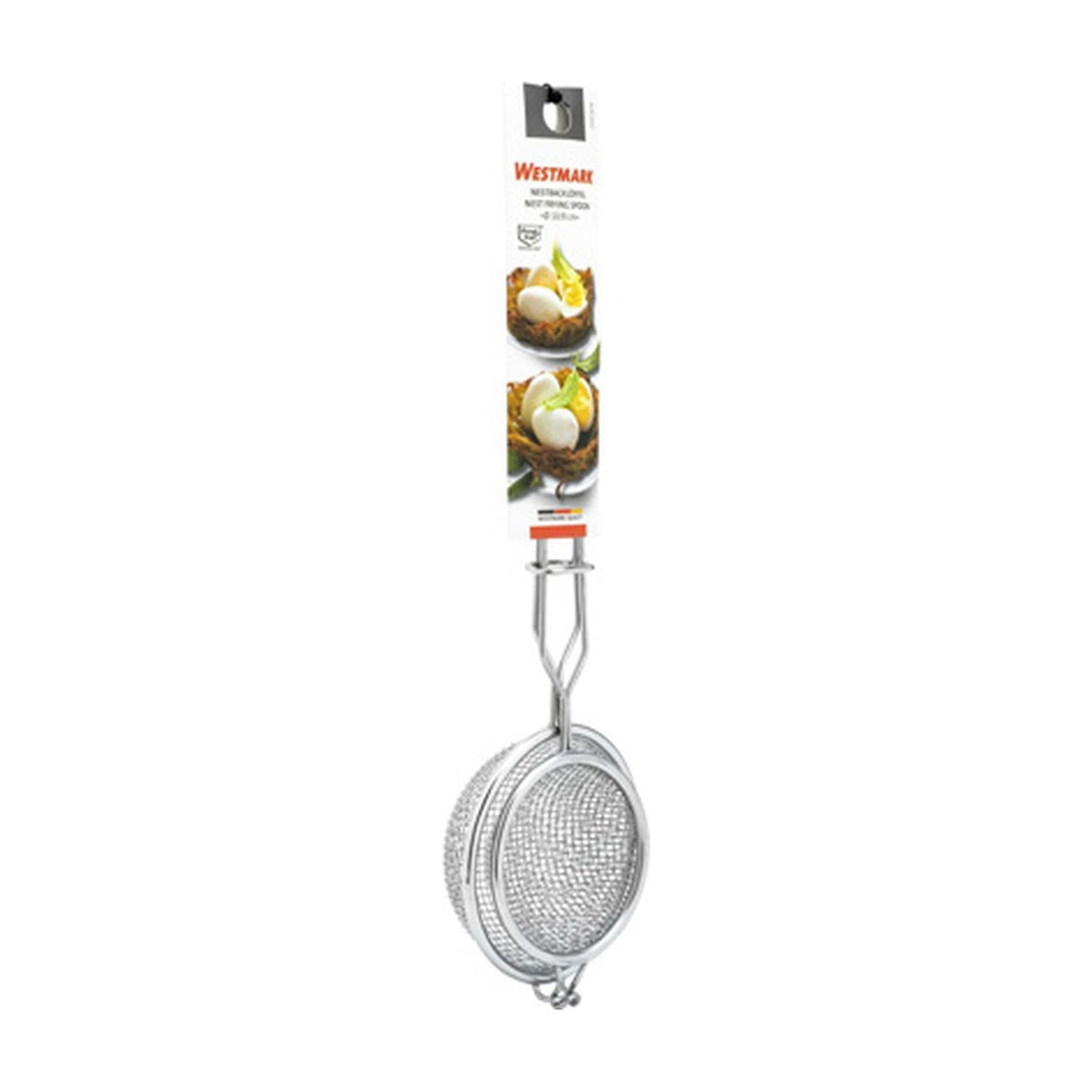 Westmark Nest Frituurlepel, zilver, verpakking op kaart met foto van een gefrituurd nestje met eieren