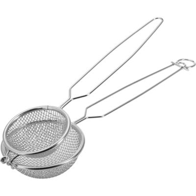 Westmark Nest Frituurlepel, zilver, zijaanzicht van de twee ineensluitende RVS gaasbolletjes met lange draadgreep