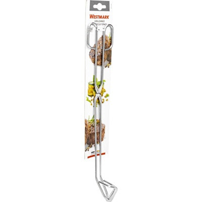 Westmark Barbecuetang - 38 cm, zilver, verpakking op blisterkaart met foto van gegrild vlees