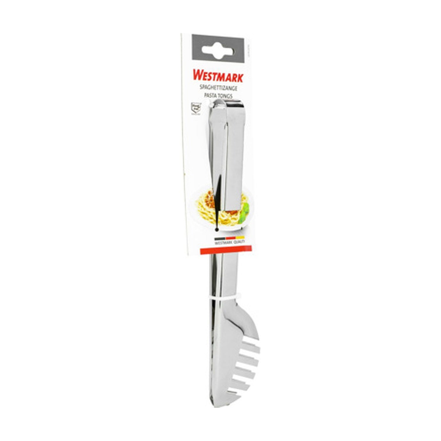 Westmark Pasta Serveertang, zilver, RVS tang op blisterverpakking met Westmark-logo