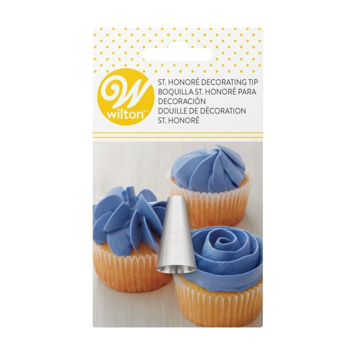 Verpakkingskaart van Wilton St. Honoré mondje met drie blauw gedecoreerde cupcakes: een swirl, een roos en een waaiervormig blaadjespatroon.