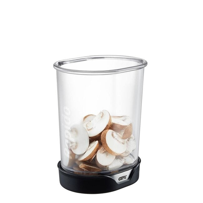 GEFU Snijder Rapido met zwarte onderzijde, gevuld met gesneden champignons