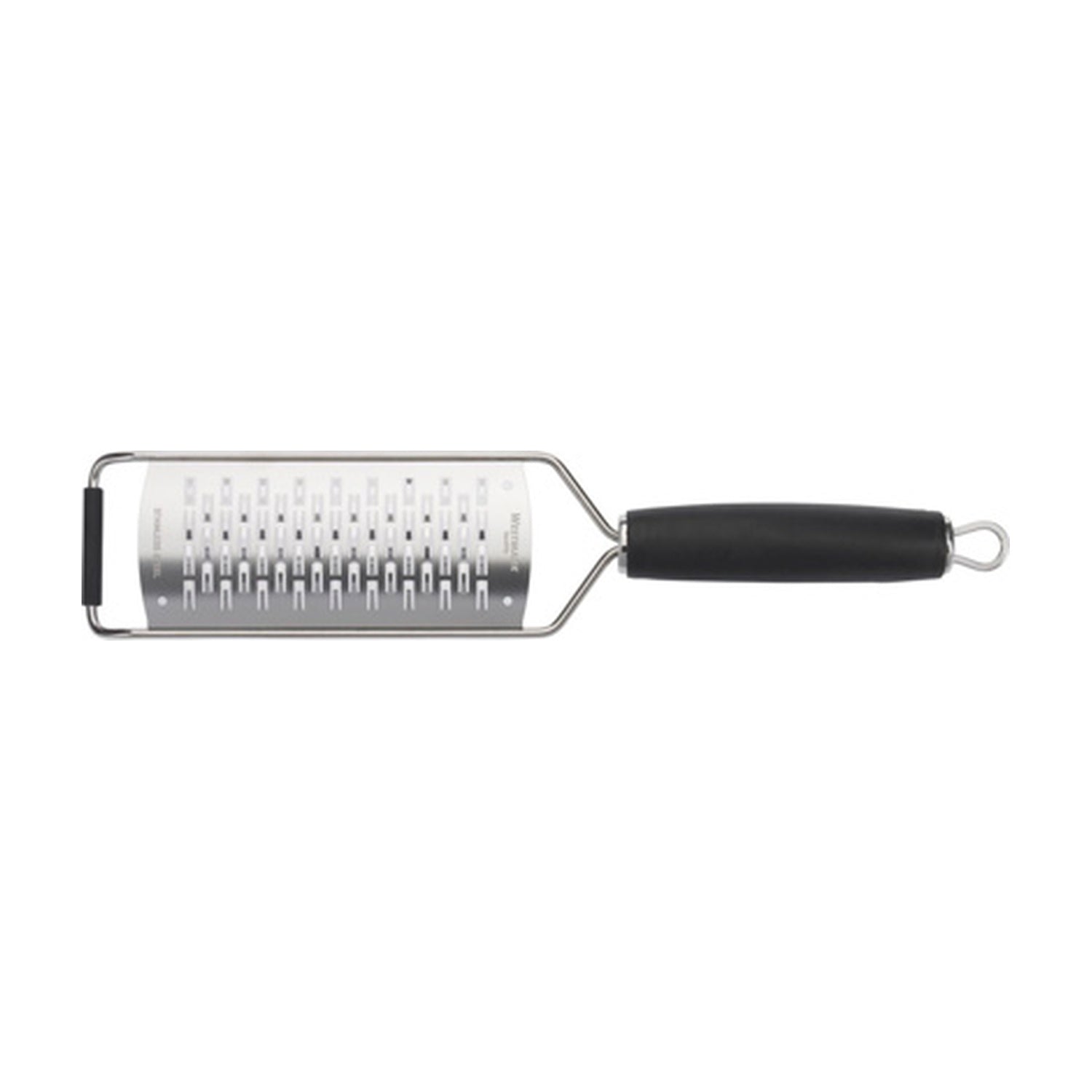 Westmark Technicus Rasp Square, zilver, RVS rasp met zwarte softgrip handvat op witte achtergrond
