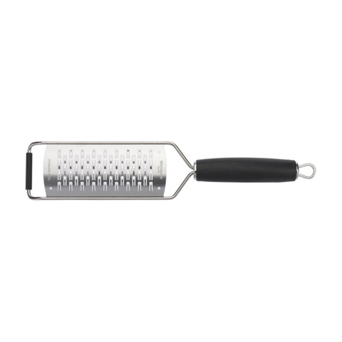 Westmark Technicus Rasp Square, zilver, RVS rasp met zwarte softgrip handvat op witte achtergrond