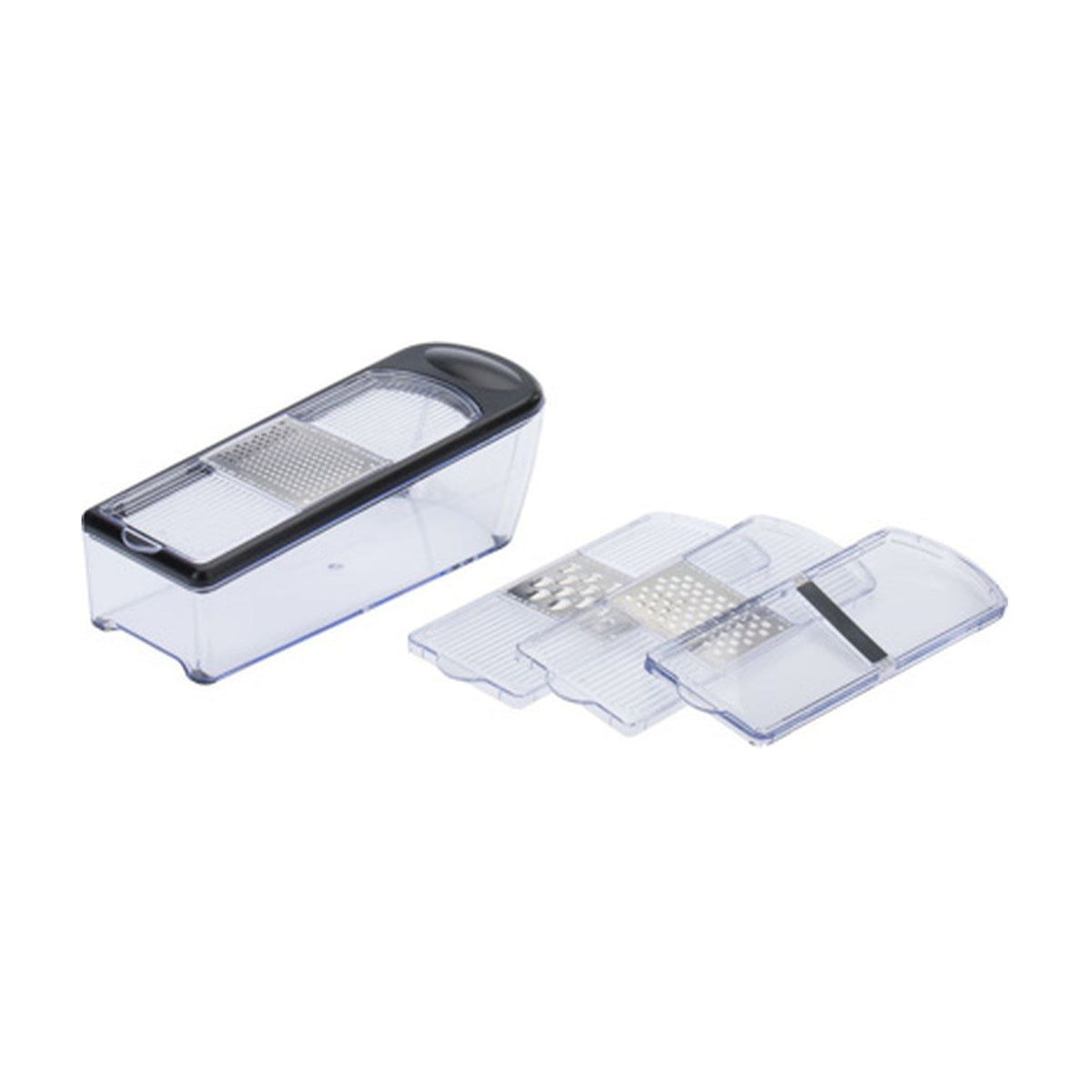 Westmark Technicus Quadro Raspenset, transparant, doorzichtige behuizing met zwarte grip en drie losse extra raspplaten ernaast