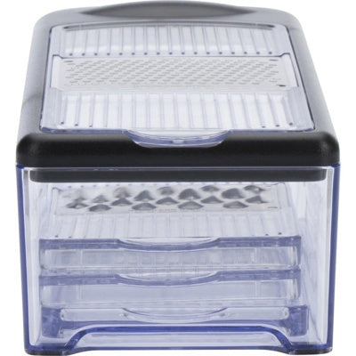 Westmark Technicus Quadro Raspenset, transparant, vooraanzicht met de drie extra raspplaten opgeborgen in de onderkant