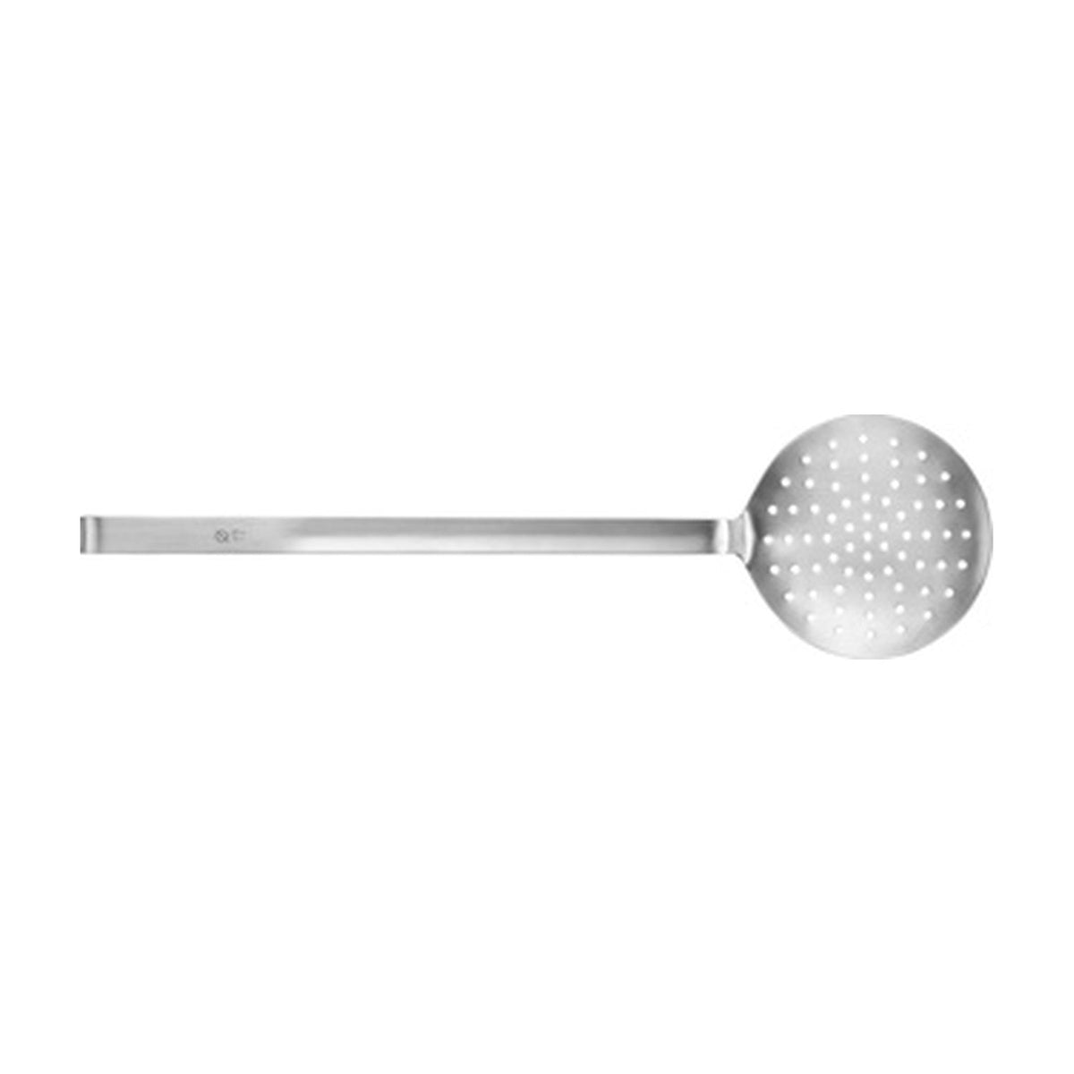 Westmark Pro Schuimspaan - 12 cm, zilver, volledig aanzicht in horizontale positie met geperforeerde ronde kop