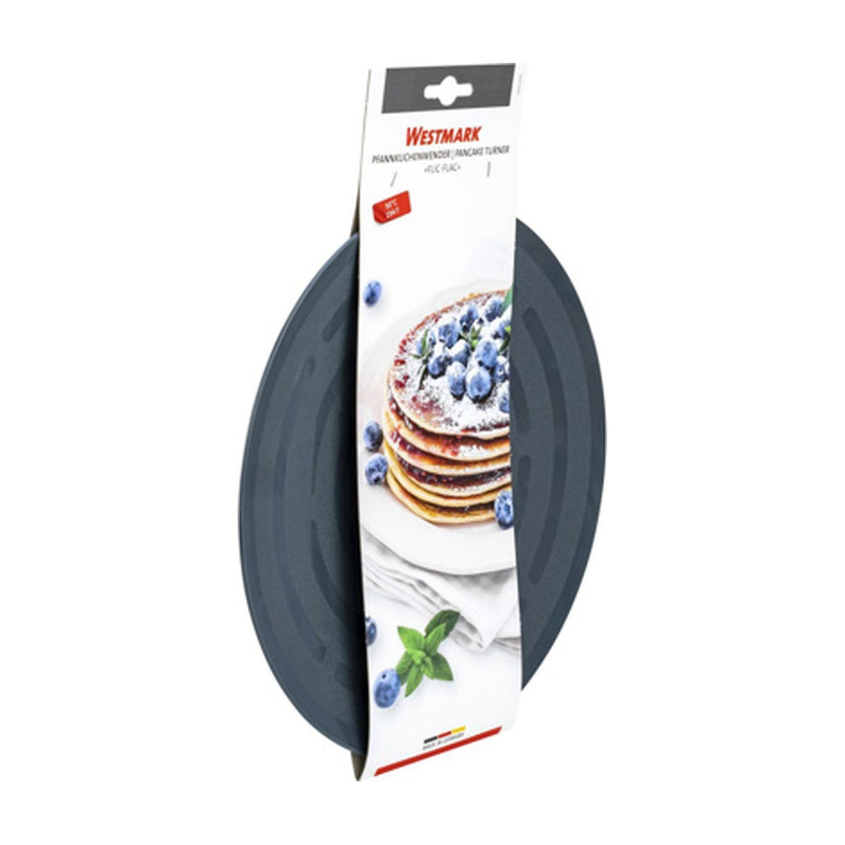 Westmark Flic-Flac Pannenkoek- en Omeletdraaier, grijs, siliconen schijf met hangtag op witte achtergrond