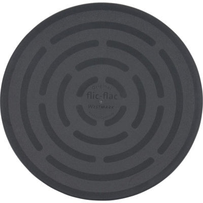 Westmark Flic-Flac Pannenkoek- en Omeletdraaier, grijs, bovenaanzicht met concentrisch groefpatroon en flic-flac-logo