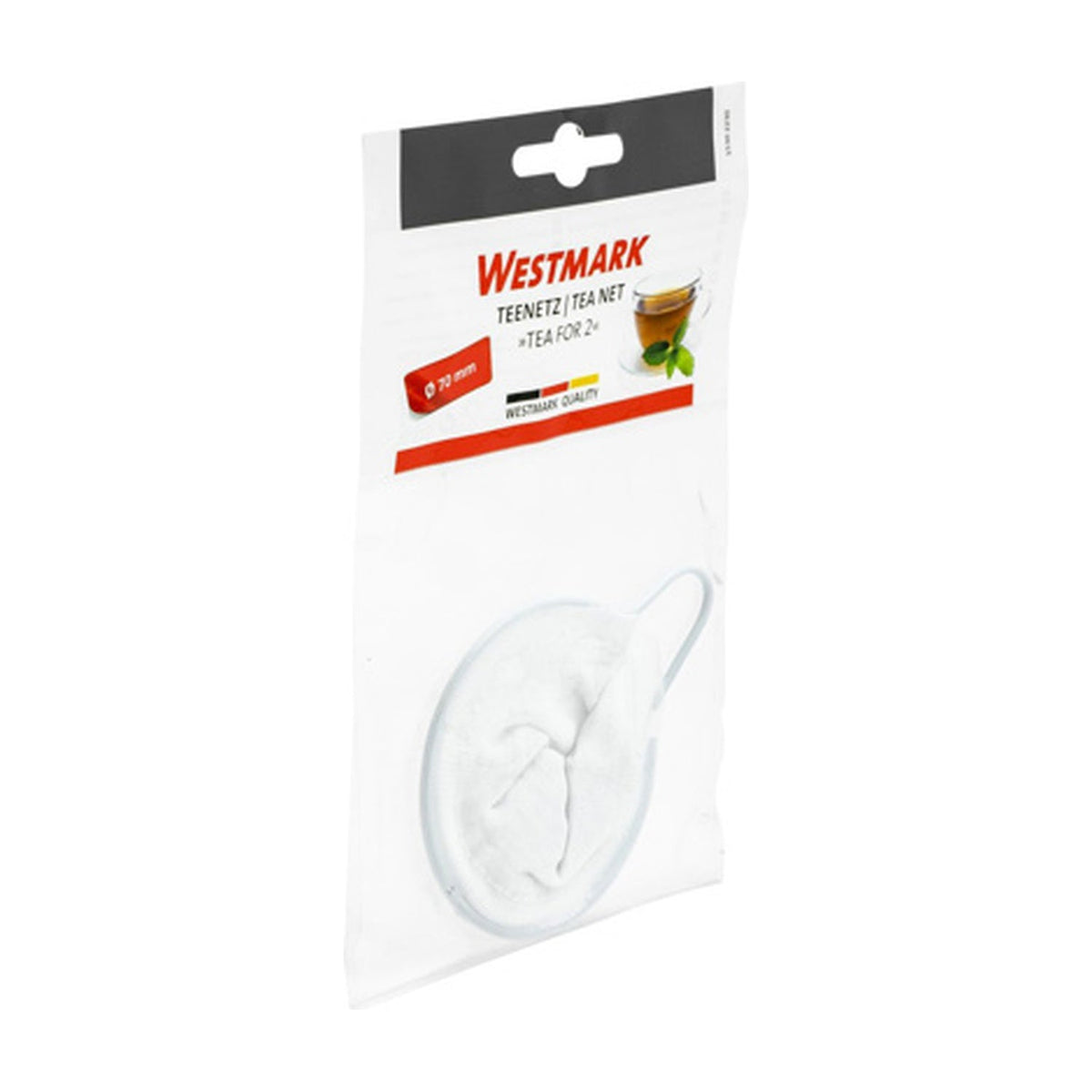 Westmark Theenetje, verpakking op wit met het witte stoffen netje en zilverkleurige draadrand