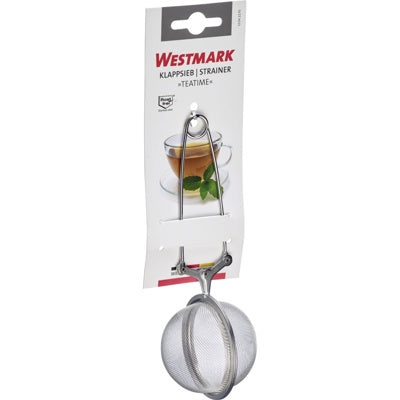 Westmark Teatime Zeef - 6,5 cm, zilver, verpakkingskaart 'Klappsieb Strainer Teatime' met kopje thee