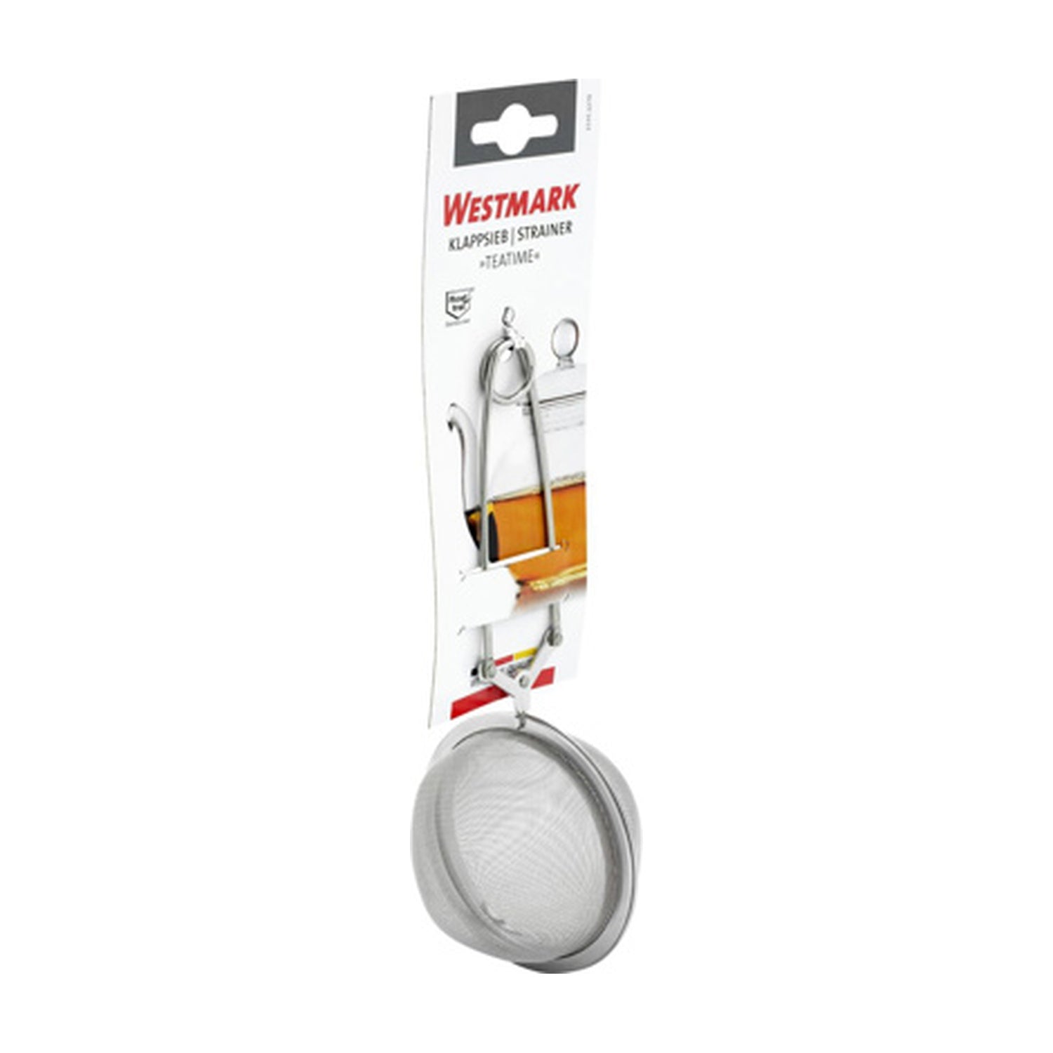 Westmark Teatime Zeef - 7,5 cm, zilver, verpakking op kaart met foto van gebruik bij het zeven van thee