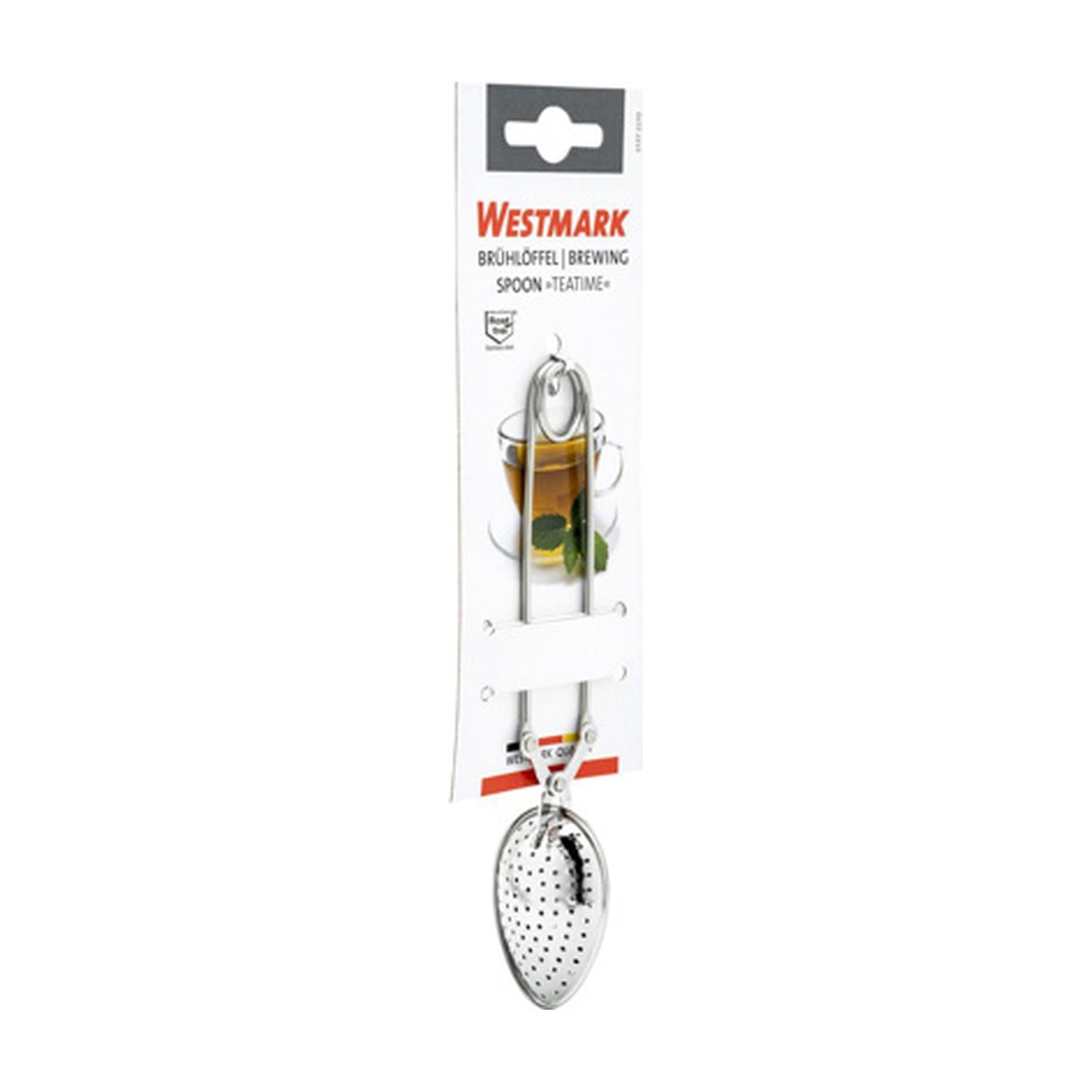 Westmark Thee-ei Lepel, zilver, RVS theezeef aan lange steel op blisterverpakking