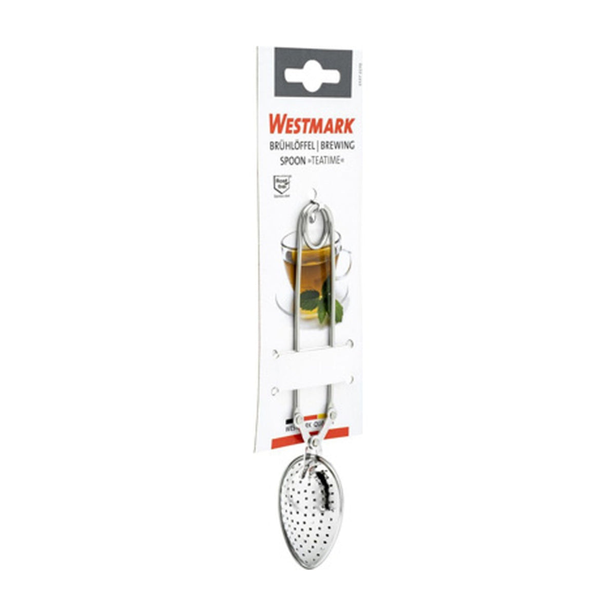 Westmark Thee-ei Lepel, zilver, RVS theezeef aan lange steel op blisterverpakking