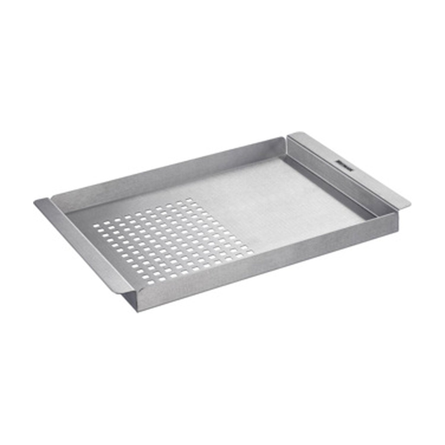 Westmark Grillrek 2-in-1, zilver, diagonaal productbeeld met half geperforeerd en half dicht RVS grillvlak