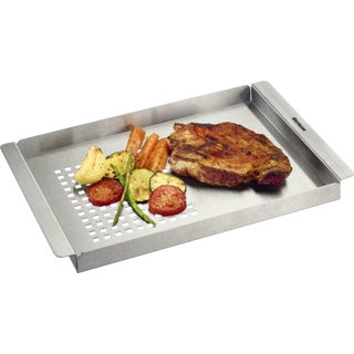 Westmark Grillrek 2-in-1, zilver, gevuld met gegrild vlees, gegrilde groenten en tomaten