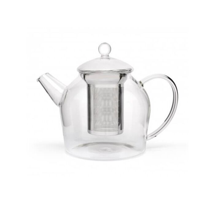 Bredemeijer Minuet theepot van glas, leeg met duidelijk zichtbaar metalen theefilter