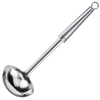 Westmark Glory Soeplepel, zilver, diagonale weergave van de brede schep en taps toelopende steel