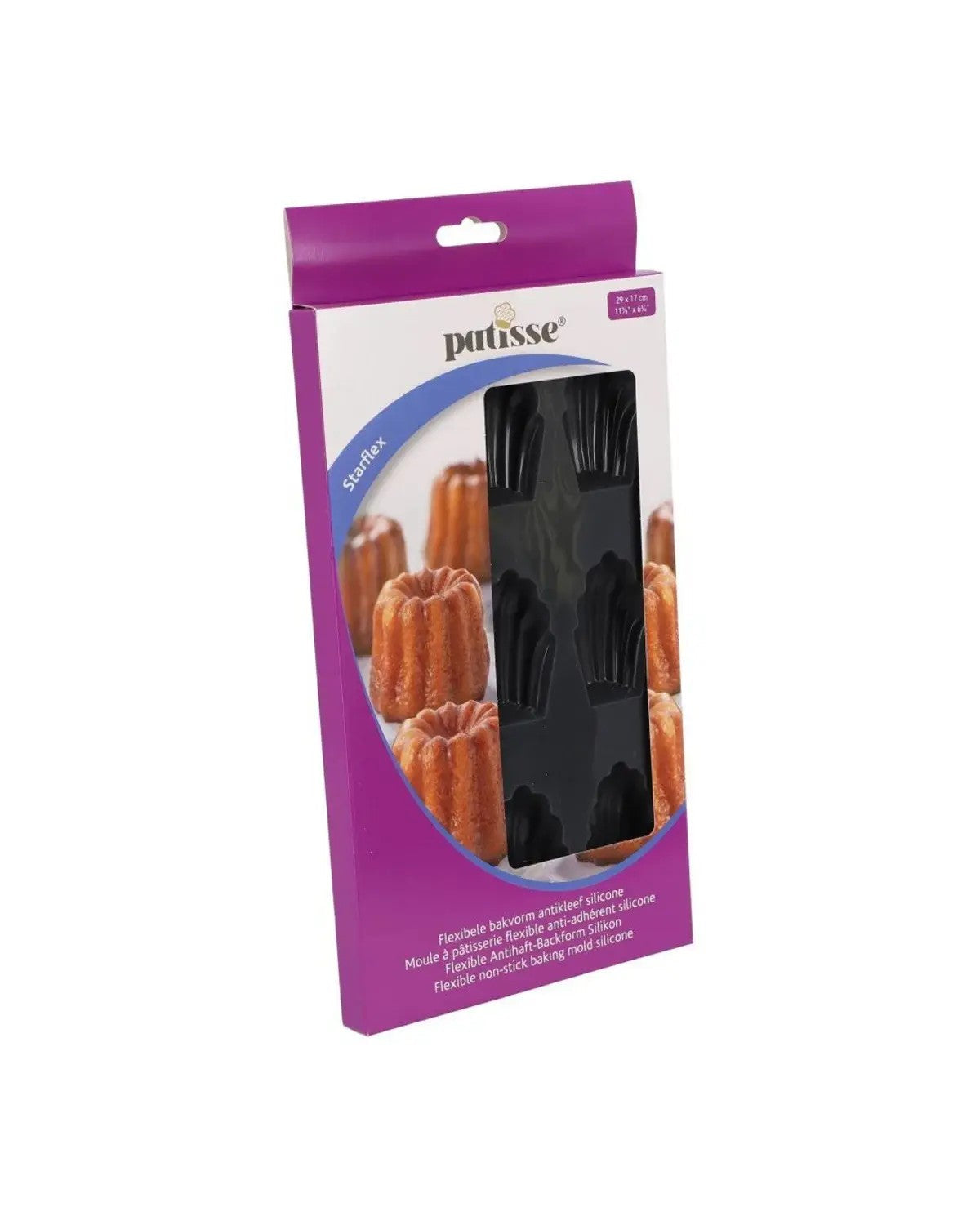 Paarse Patisse Starflex-verpakking met een venster op de zwarte siliconen vorm en foto's van gebakken cannelés