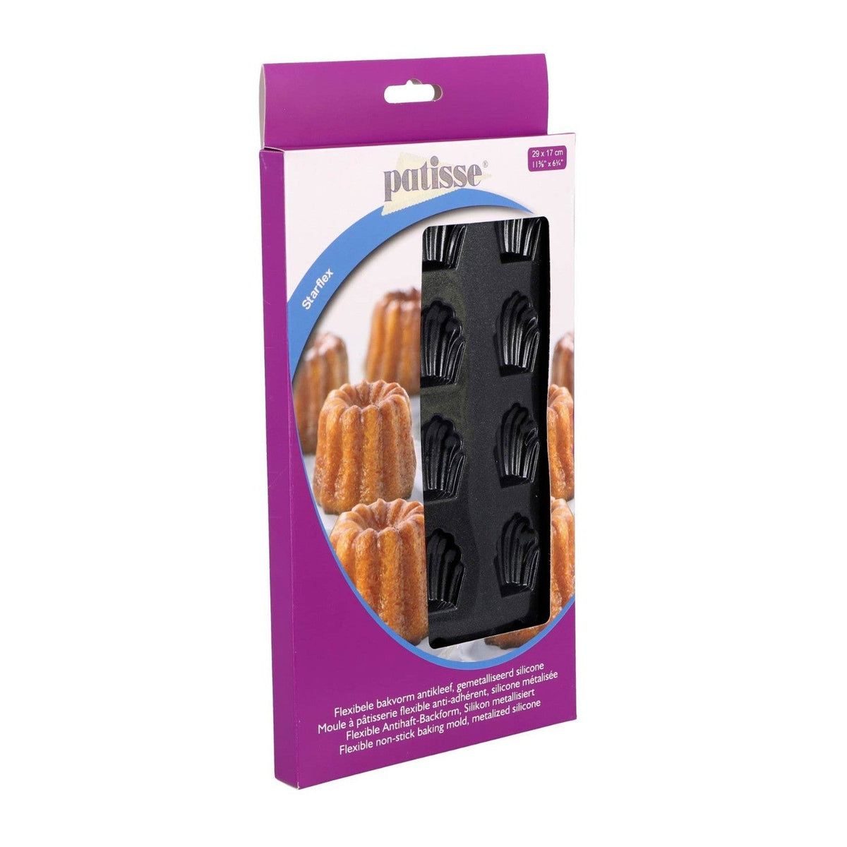 Paarse Patisse Starflex-doos met opschrift gemetalliseerd silicone en een venster op de zwarte mal met schelpvakken