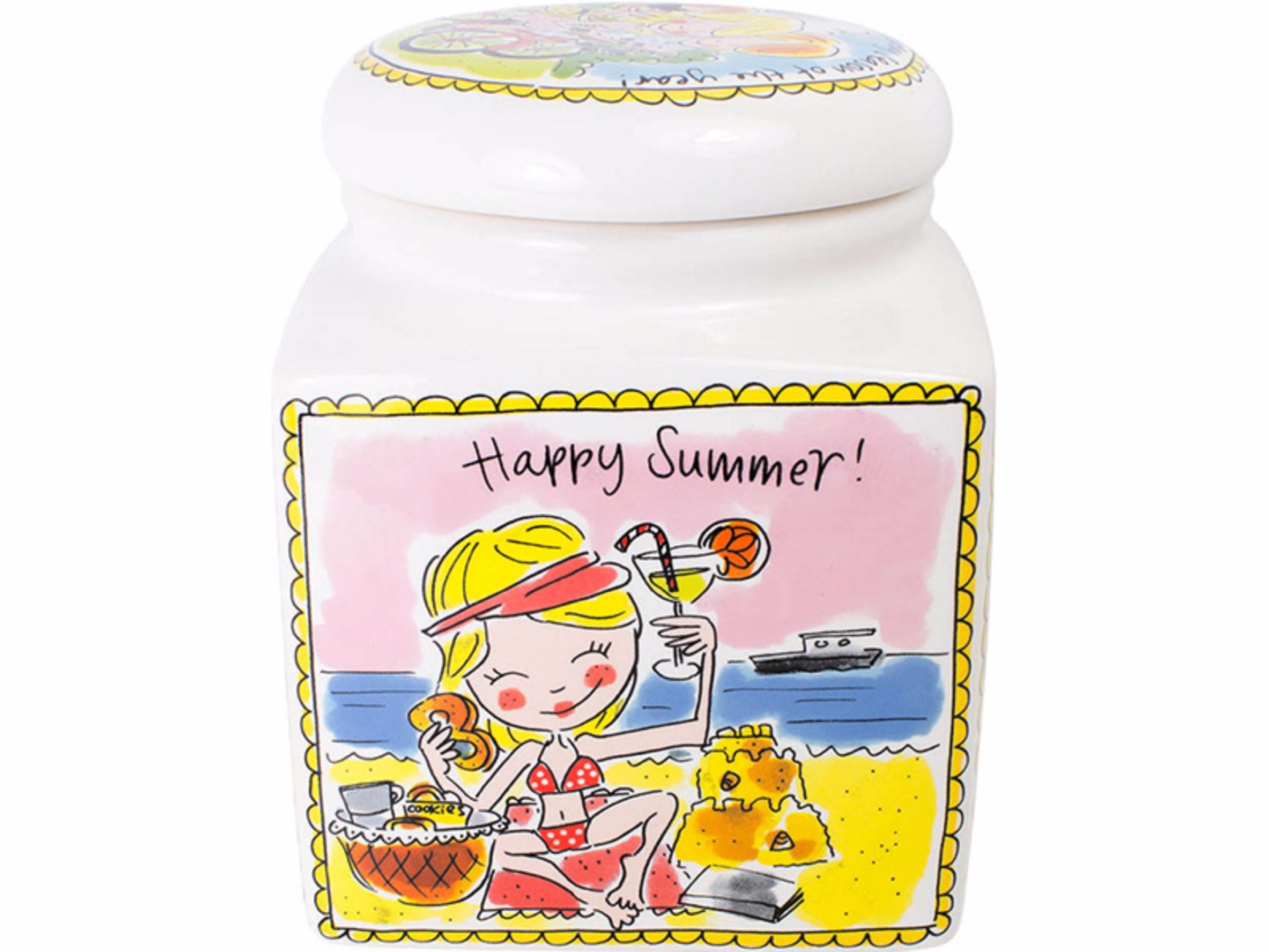 Blond Amsterdam Seizoenen voorraadpot vierkant met deksel, zomertekening Happy Summer op het strand