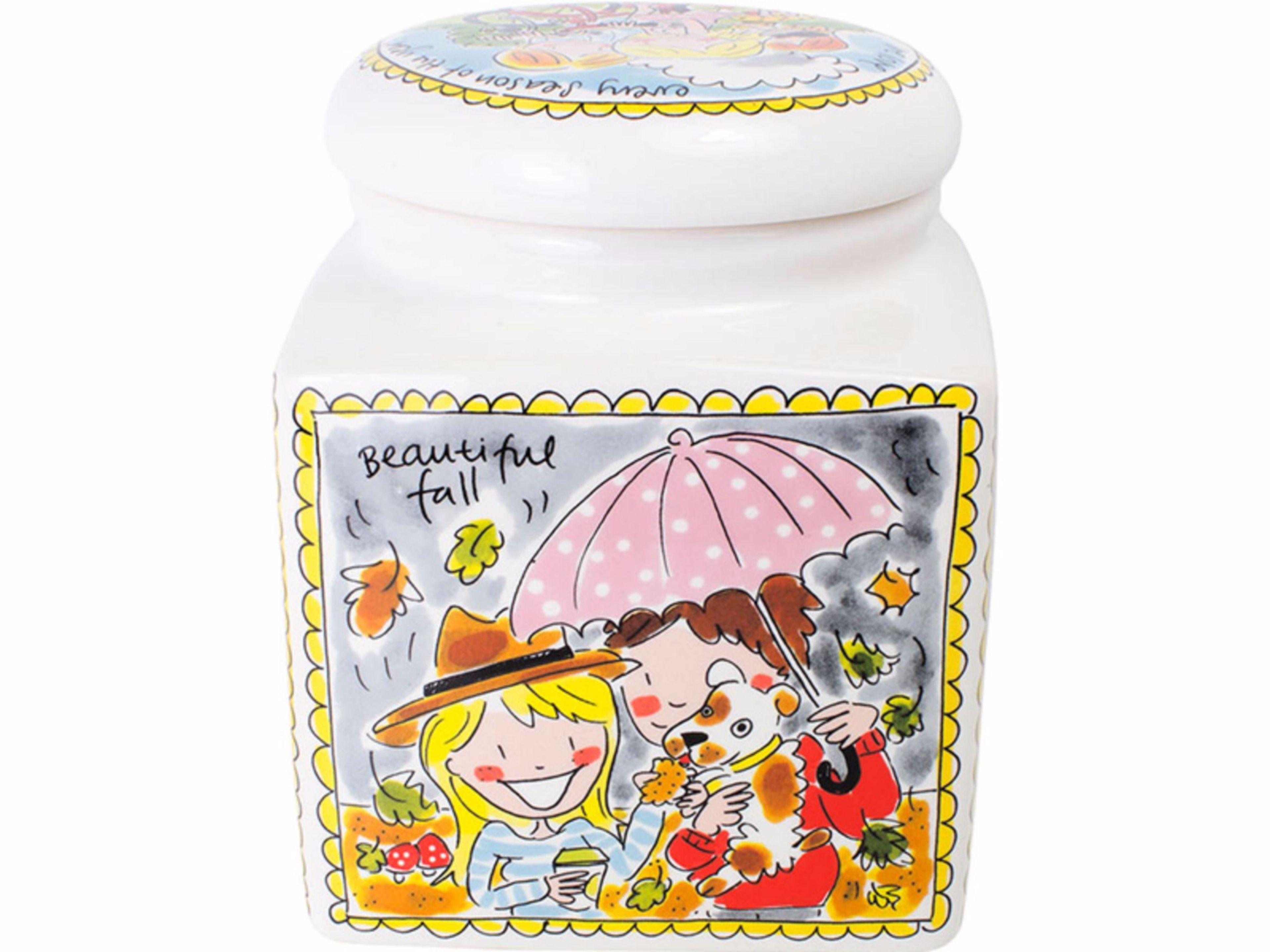 Blond Amsterdam voorraadpot vierkant met herfsttekening Beautiful Fall, kinderen onder paraplu