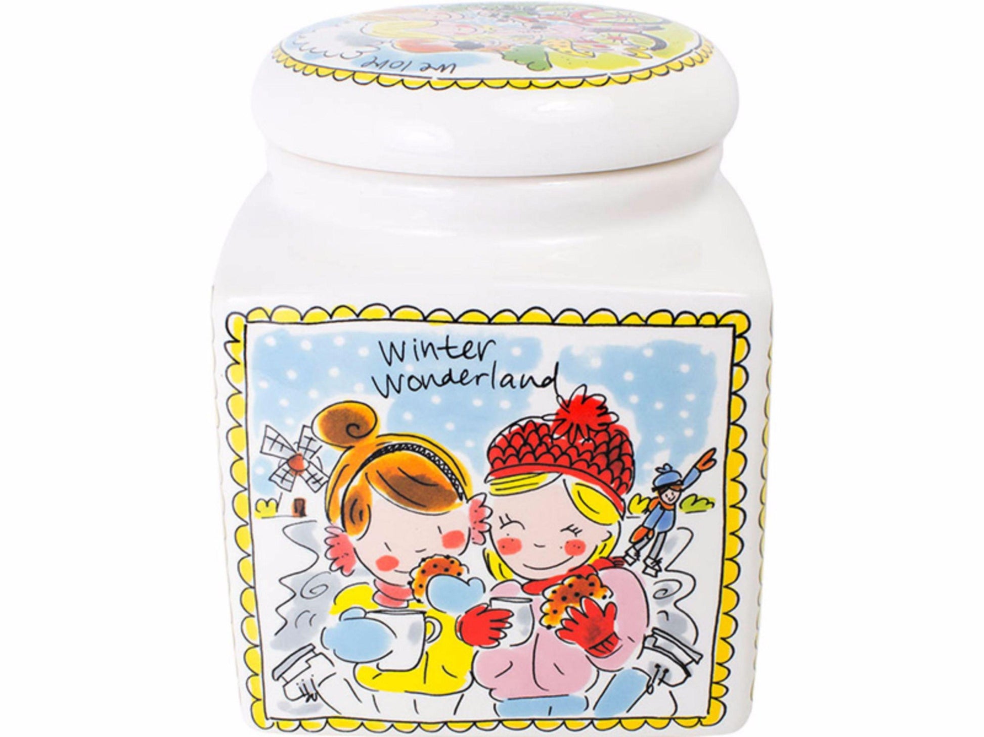 Blond Amsterdam voorraadpot vierkant met wintertekening Winter Wonderland, meisjes in de sneeuw